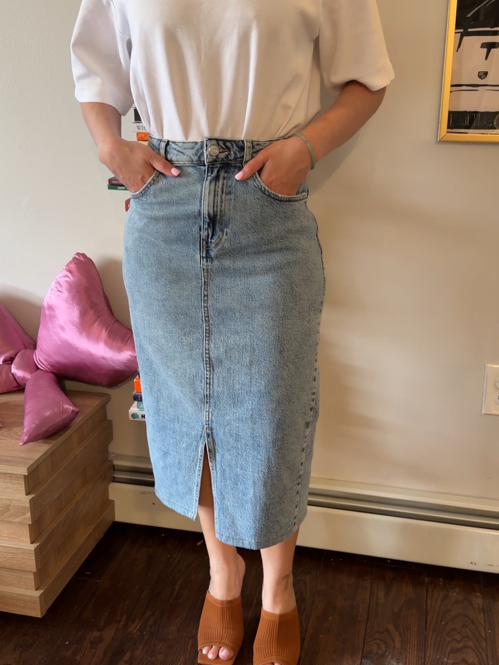 Light Blue High-Rise Denim Midi Skirt with Front Slit